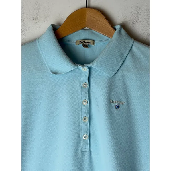 Barbour Polo Shirt Women 12 Blue Short Sleeve Pique Cotton Stretch Logo Preppy - Image 6