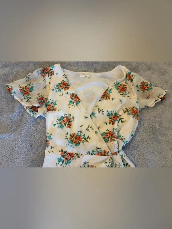 Women’s Altar’d State Floral Wrap Midi Dress in Ivory with Orange Blooms Size XS - Image 4