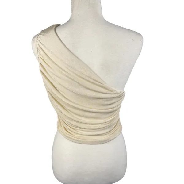 Cream One Shoulder Ruched Top Womens Small Shimmer Stretch Going Out - Image 4