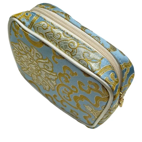 Vtg 60s Baby Blue Gold Chinoiserie Vanity Case 3pc Cosmetic Travel Bag Set - Image 9