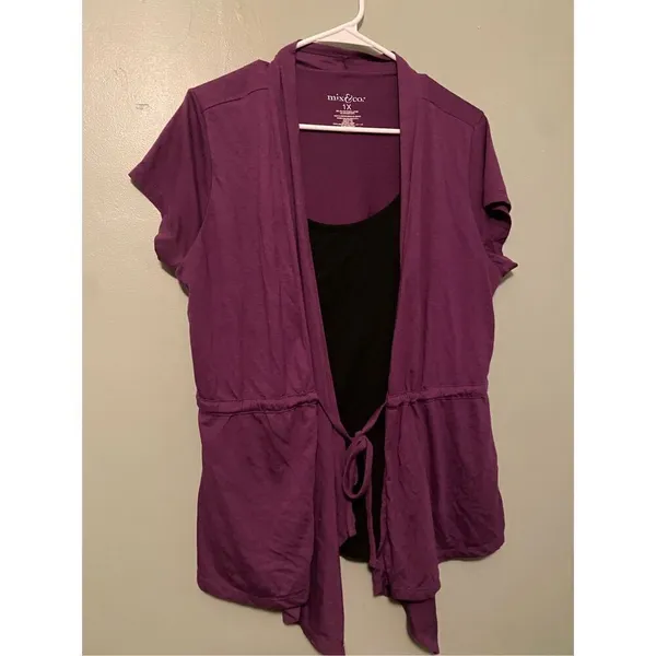 Mix & Co Purple Black Built In Tank Top Short Sleeve Cardigan Size 1X - Image 2