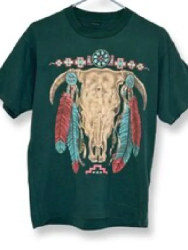 Vintage 90s Steer Skull T-Shirt, Hunter Green Cotton, Southwestern Aztec Tribal - Image 2