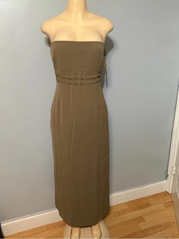 4th & reckless Strapless Olive Midi Dress with Waistband Detail - Image 2