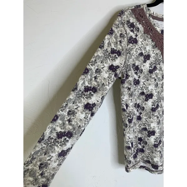 Northcrest Floral Thermal Lace Trim Henley Shirt Sz Large - Image 7