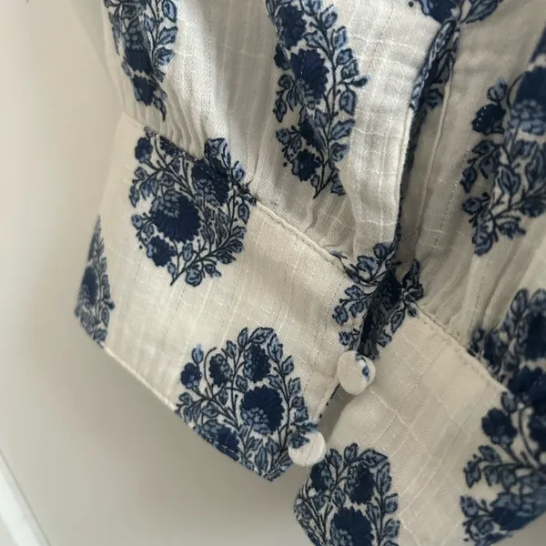 J. Crew White Mini Dress with Navy Floral Print and Puff Sleeves - Image 3
