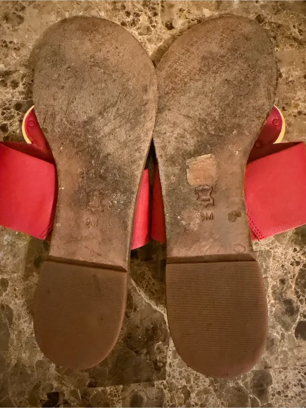 Tory Burch Red Leather Slide Sandals with Gold Medallions - Image 5