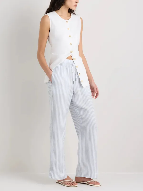 Women’s Quince 100% European Linen Wide Leg Pants Sky Blue Mariner Stripe Sz S - Image 4