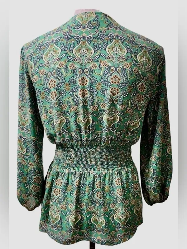 Max Studio Green Paisley Tie Front Peplum Blouse Size Small | Smocked Back V-Nec - Image 4