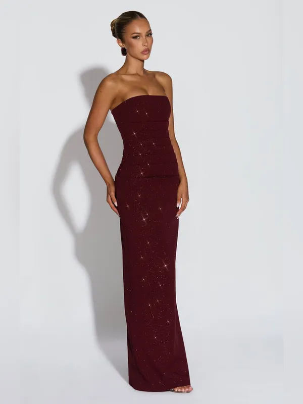 Babyboo PANDRA MAXI DRESS SPARKLE Strapless Ruched Midi dress in wine, S - Image 11