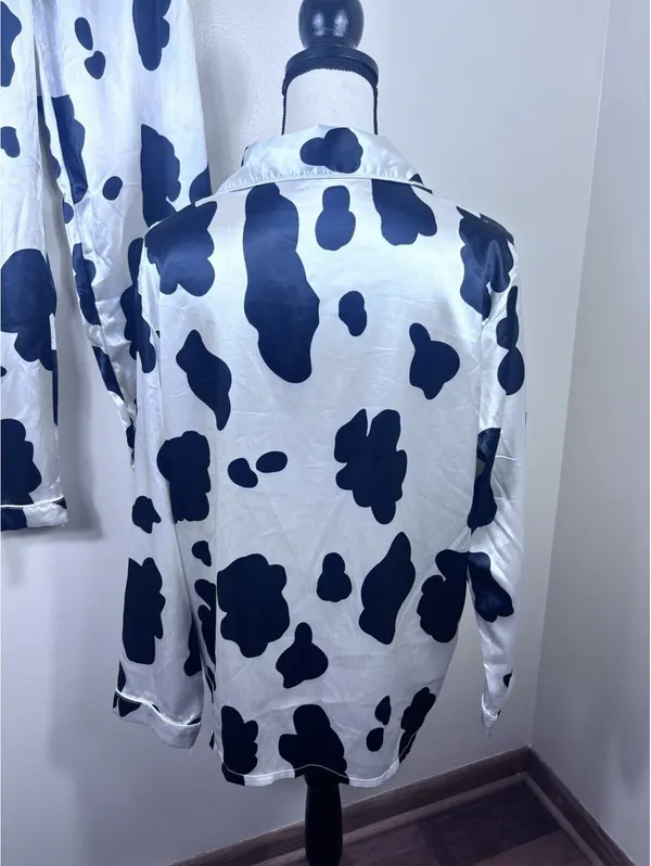 Satin Cow Animal Print 2-Piece Pajama Set Button Front Collared Black/White - Image 4