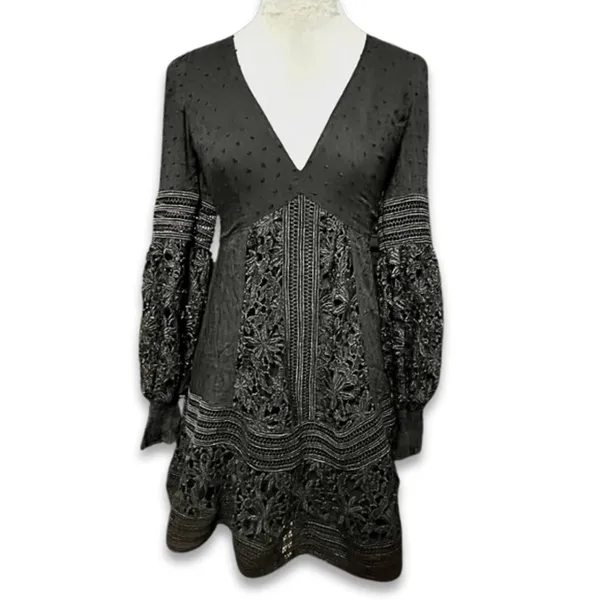 Bardot Mini Dress Black Lace Bell Sleeve V Neck Romantic Boho XS/4 NWOT Cocktail - Image 3