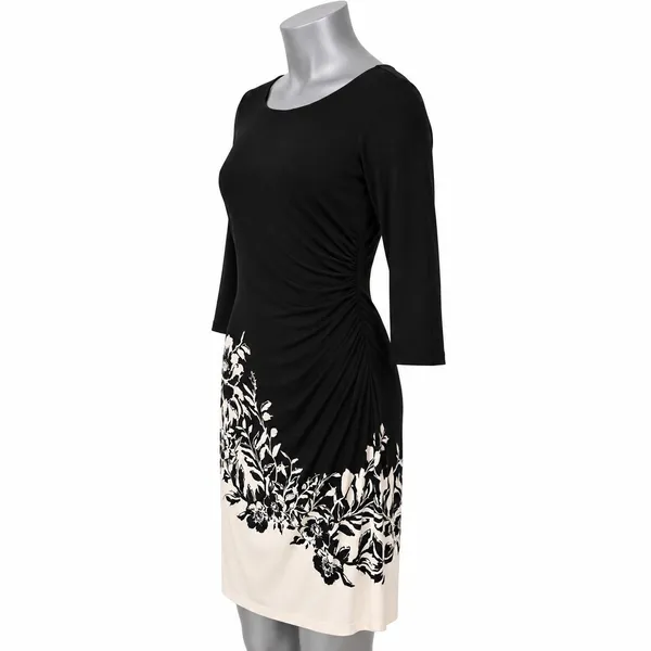 Lauren Ralph Lauren Women 4 Black Cream Floral Ruched Sheath Dress 3/4 Sleeve - Image 2