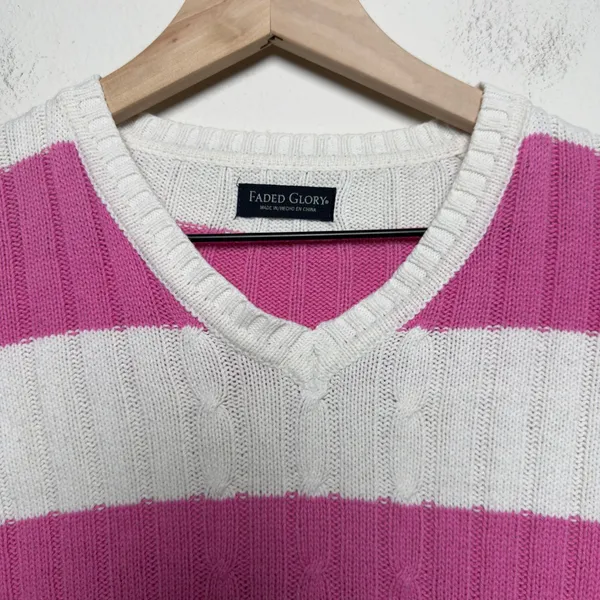 VTG Y2K Faded Glory Women Preppy Sweater XS Pink White Striped Cable Knit - Image 4