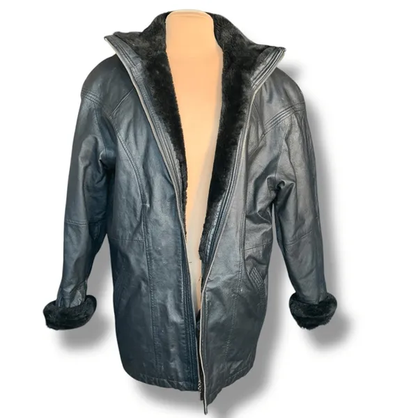 Vintage 90s Wilsons Leather Black Faux Fur Trimmed Bomber Jacket Oversized Large - Image 3