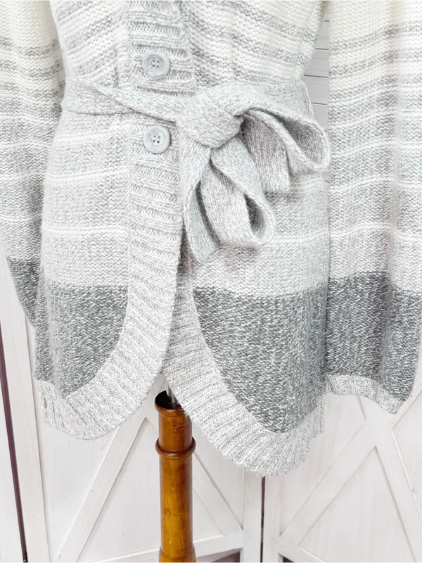 St. John's Bay Stripe Colorblock Shawl Collar Belted Cardigan Sweater Grey White - Image 6