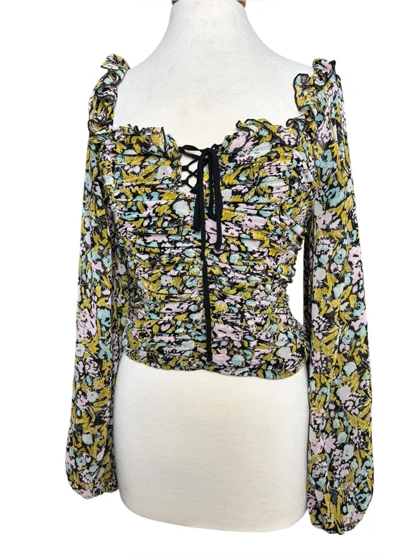 Free People Mabel Floral Ruffled Lace Trim Button-Down Tank Size M - Image 3