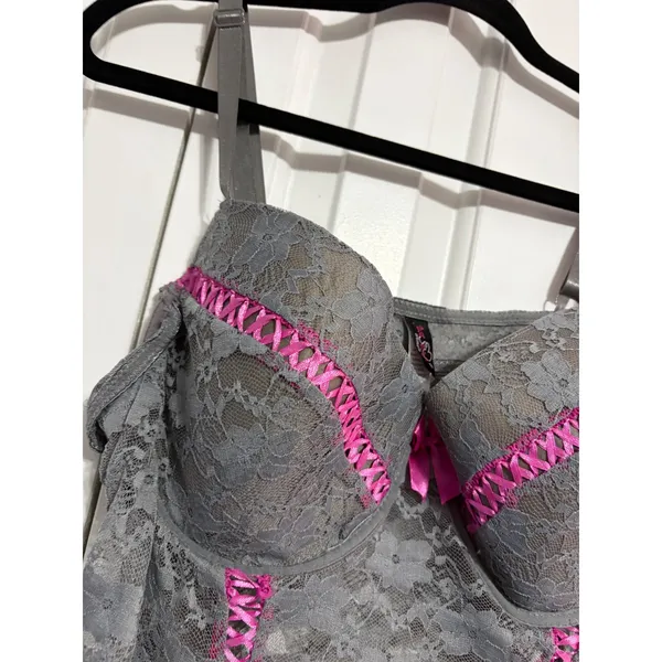 Just‎ Sexy Intimate Chemise Lingerie Coquette Gray Pink Ribbon Lace 2X - Image 3