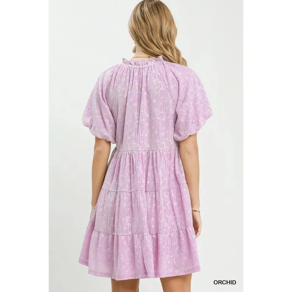Umgee Jacquard Puff Sleeve Mini Dress - Orchid -‎ Small - Image 3