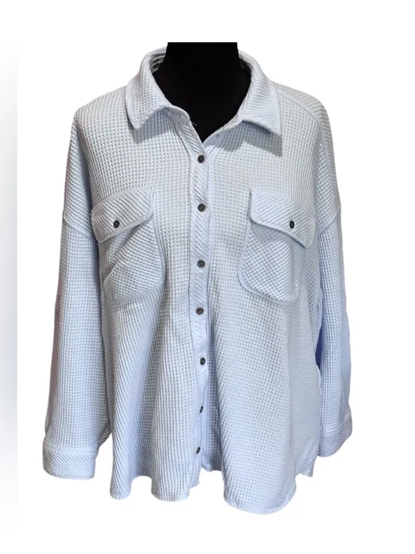 $79 NWOT Aerie LumberJane Waffle Knit Shirt / Shacket in light blue M - Image 2