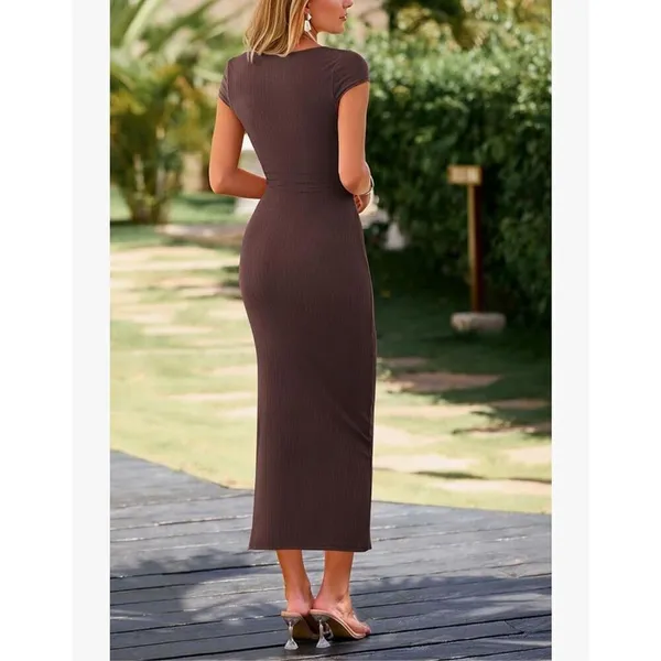 NEW Cap Sleeve Ribbed Knit Fitted Maxi Slit Dress S - Image 2