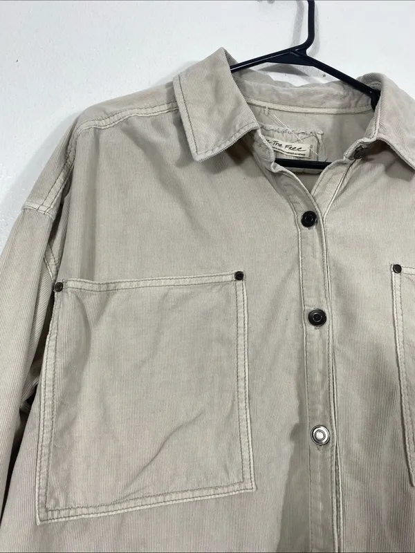 Free People Baby Corduroy Oversized Button Down Shirt Beige Small 100% Cotton - Image 7