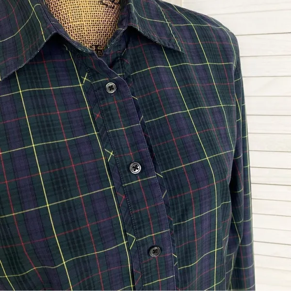 Tommy Hilfiger Plaid Ruffle Cuff Trim Button Front‎ Shirt Green Navy Medium - Image 6