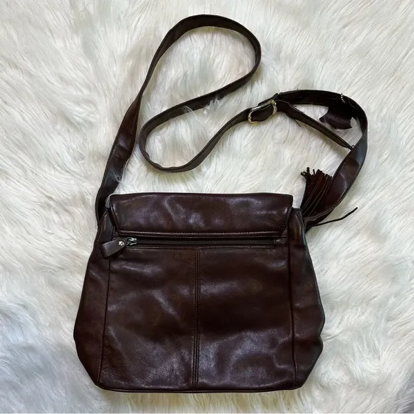 Signature Studio Brown Leather Crossbody Bag Tassel‎ Flap Pocket Mens Womens - Image 5