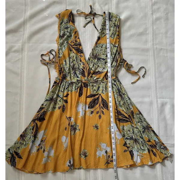 Free People "Marnie" Golden Yellow Floral Short Dress Size S Rayon Boho Floral. - Image 12