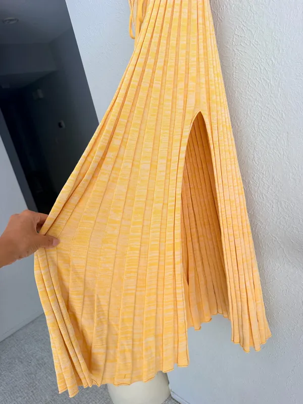 Christopher Esber orange yellow high slit accordion knit midi skirt S - Image 12