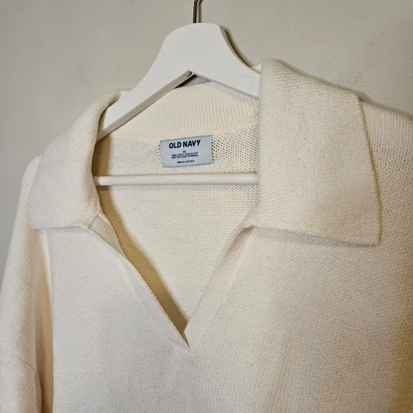 Old Navy Women's V-Neck Cream Polo Sweater Neutral Casual Collared Long Sleeve - Image 3