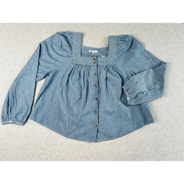 Levi's Amber Long Sleeve Blouse Square Neck‎ Shirt 100% Cotton Flowy Medium - Image 3