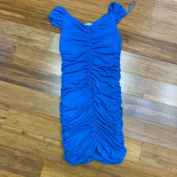 Zara Ruched Bodycon Mini Dress Womens Size Small Short‎ Sleeve Blue Party Fitted - Image 3