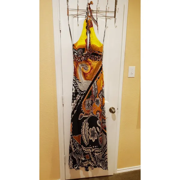 MARY L COUTURE Beads Halter print Dress Sz 2 Yellow Multi - Image 2