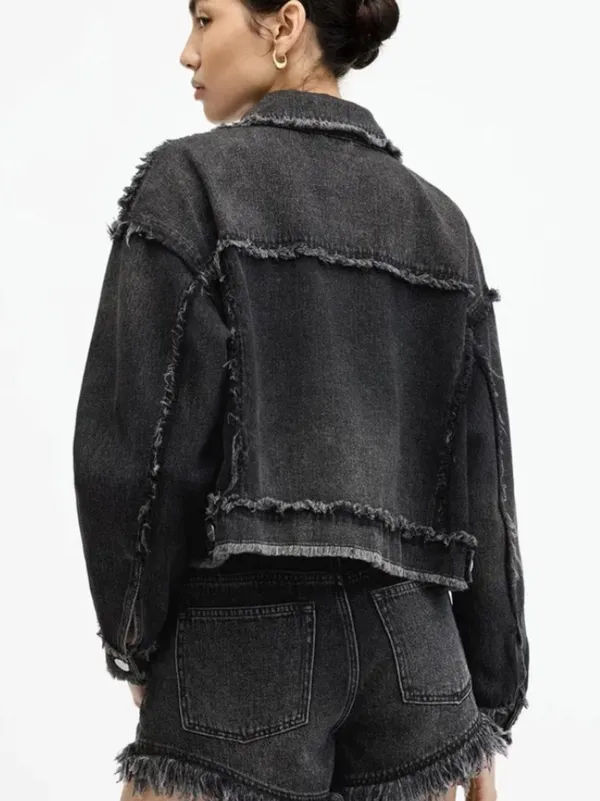 Allsaints Claude Relaxed Fit Frayed Denim Jacket in blackish grey 4 - Image 2