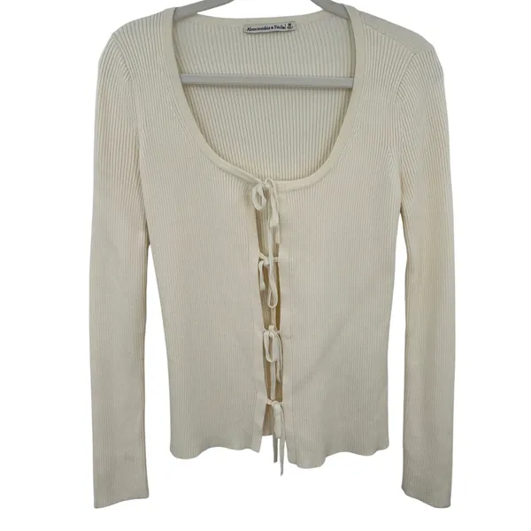 Abercrombie & Fitch Womens Cream Ribbed Tie‎ Front Stretch Cardigan Sweater Sz M - Image 2