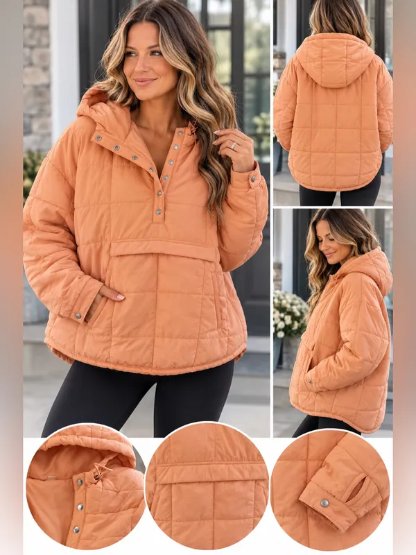 Women's Lightweight Hooded Puffer Jacket - Peach - Image 2