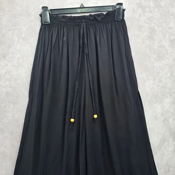 Black Wide Split Flowy Straight Beach Vacation Lounge 90s Pullon Boho Pants XS‎ - Image 12