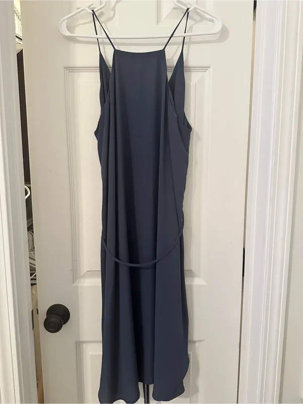 LOFT Dark Navy Slip Midi Dress with Tie Waist - Image 5