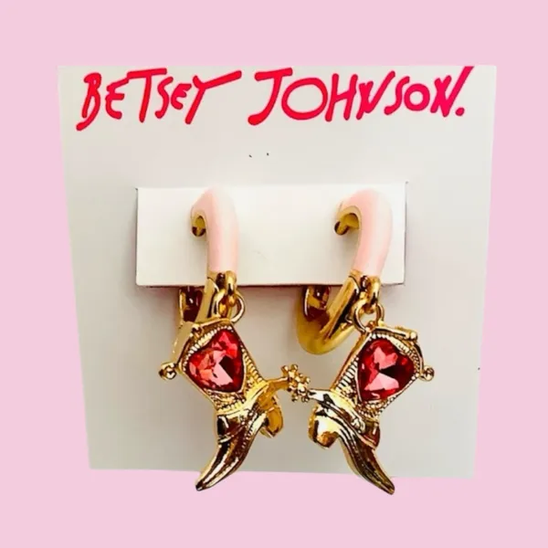 🩷👢BETSEY JOHNSON Cowboy Boot Enamel Huggie Earrings / Gold Pink Heart Crystal - Image 6