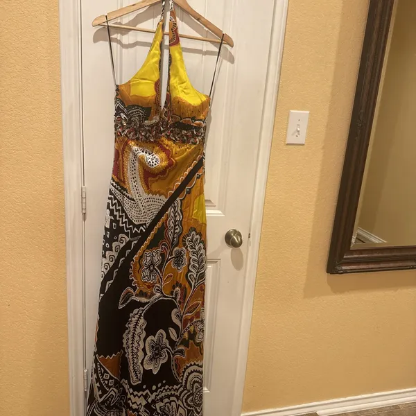 MARY L COUTURE Beads Halter print Dress Sz 10 Yellow Multi 100% SILK - Image 6
