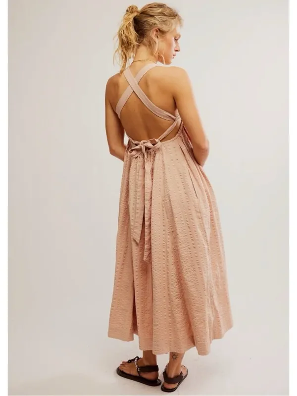 Free People Bohemian Beachy Seersucker Poppy Midi Dress Sundress Blush Large - Image 4