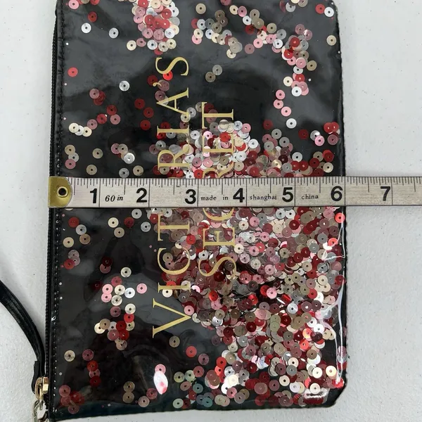 Victoria's Secret Wristlet Pouch Black Sequin Floating Logo Glam Makeup Bag - Image 8