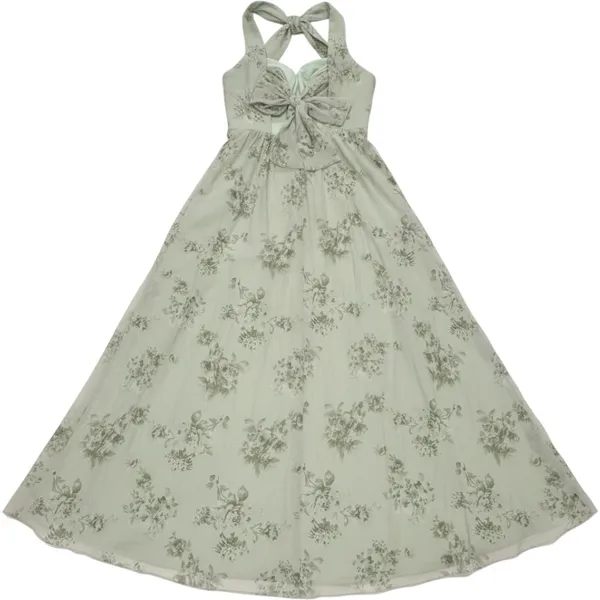 AW Bridal Penoy Pistachio Green Floral Maxi Dress US 8 V-Neck Chiffon Tie-Back - Image 2