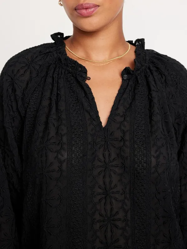 Old Navy Ruffle Trim Split Neck Top in Black - Size: Medium - Image 2