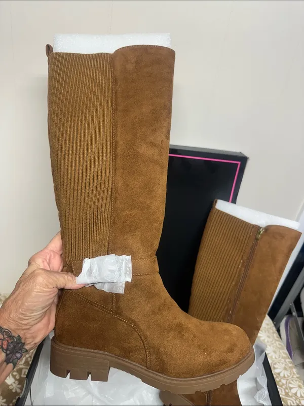 Corkys Tall Hey there Chestnut Suede-Look Ribbed Back Heeled Boots - Image 3