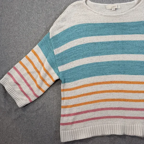LOFT Women's Large Striped Knit Sweater Top Teal Orange Pink Drop Shoulder Boxy - Image 2