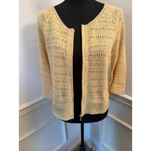 Vintage David Brooks Open Knit Crocheted Zip-Front Yellow Cardigan Sweater Boho - Image 4
