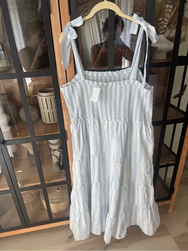 NWT J. Crew smocked midi dress tie shoulder bows striped pockets coastal cotton - Image 3