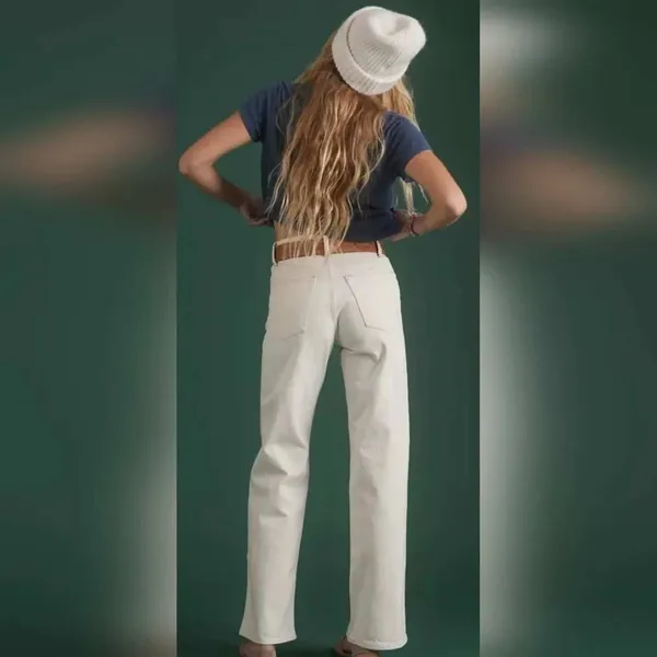 AE77 Stovepipe Selvedge Jeans Women 14 Regular Cream NWT Organic Cotton Straight - Image 3