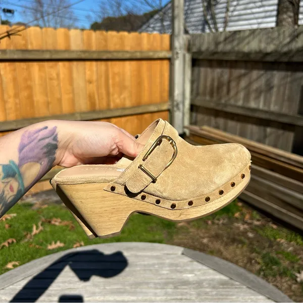 VERONICA BEARD Womens Suede Slip On Clogs‎ In Beige size 5 Hendrix Suede Buckle - Image 9